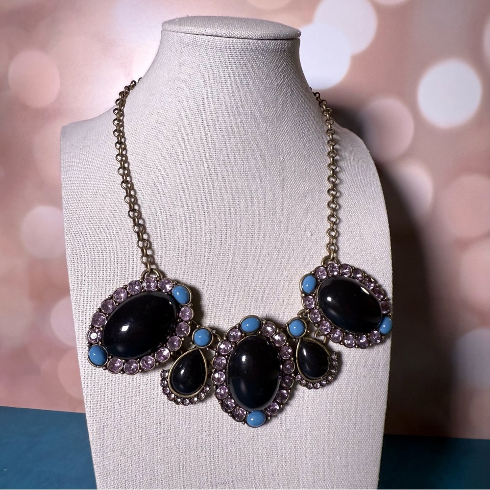 J. Crew Statement Necklace Crystal brooch black epoxy stones and purple crystals